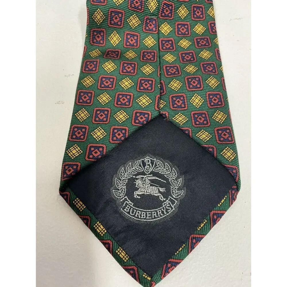 Vintage Burberrys Of‎ London Tie Silk Green Red Gold Geometric Print